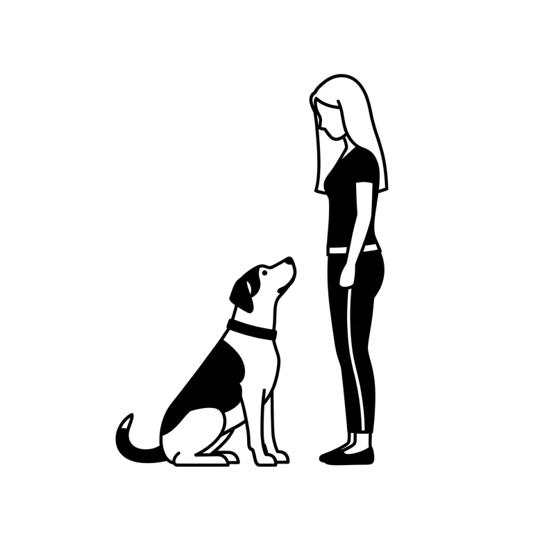 Icon individuelles Hundetraining In einer Trainingssituation sitzt ein Hund vor einer Frau und schaut sie an.