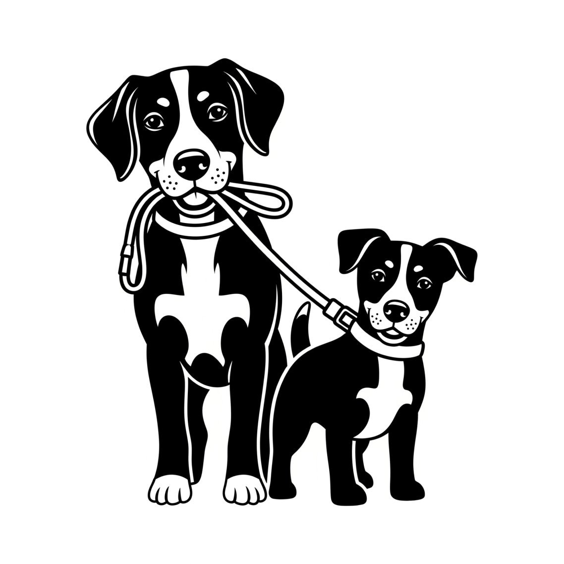 2 unterschiedlich große Hunde stehen nebeneinander. Der größere Hund hält die Leine vom kleineren Hund im Maul. 