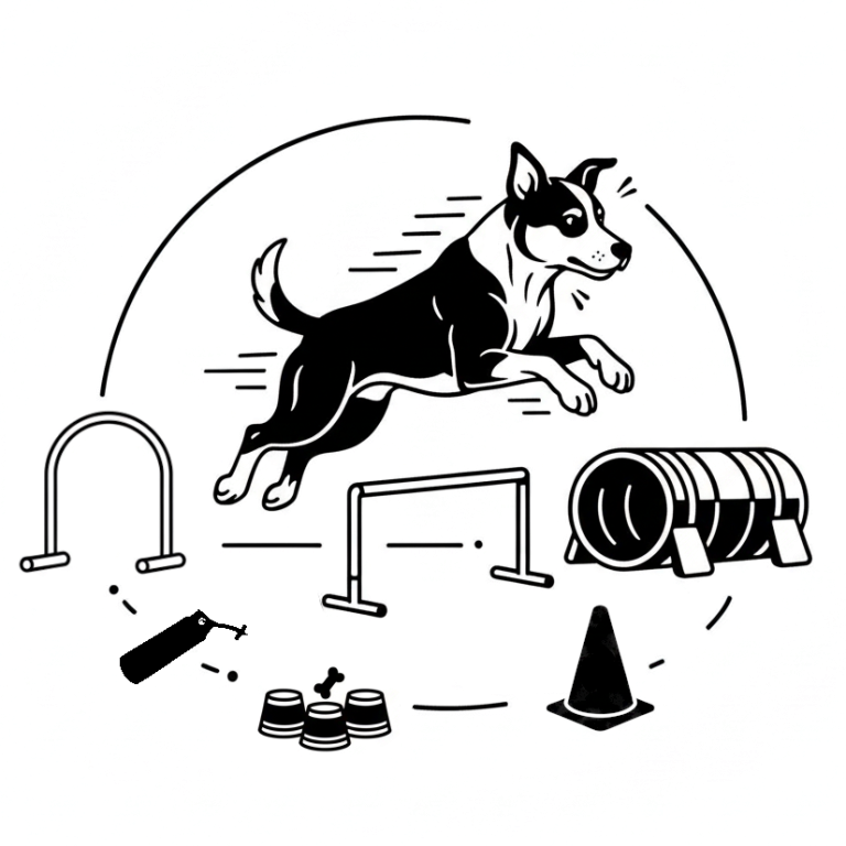 Ein springender Hund ist umringt von verschiedenen Trainingsgeräten wie Hürde, Tunnel, Pylonen, Hütchenspiel, Dummy, Hoopers Agility Bogen