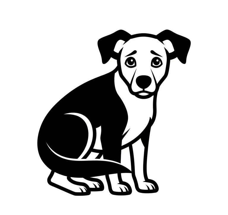 Icon Erziehungspaket Tierschutzhund Ein ängstlich schauender schwarz-weißer Hund.