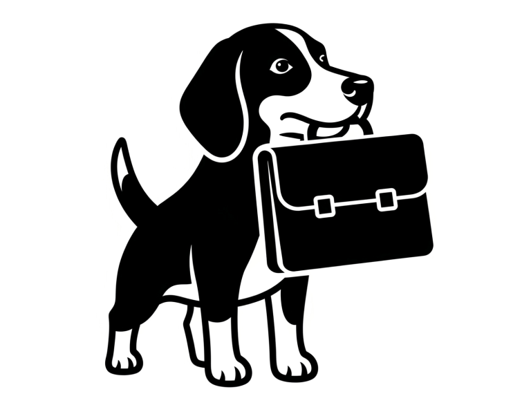 Icon Bürohunde Bremen Schwarz-weißer Hund der eine schwarze Aktentasche in der Schnauze trägt.