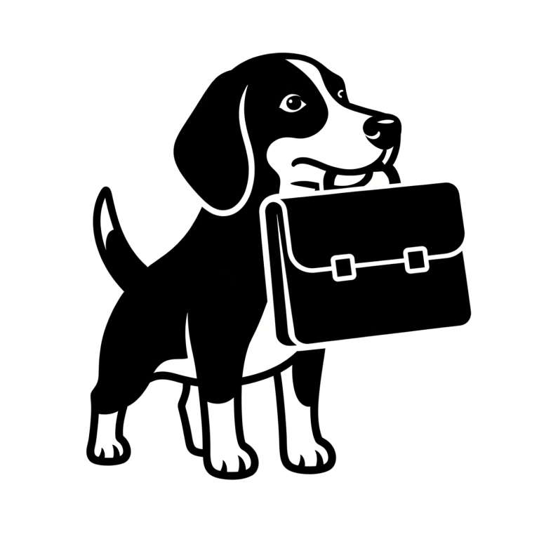 Icon Bürohunde Bremen Schwarz-weißer Hund der eine schwarze Aktentasche in der Schnauze trägt.