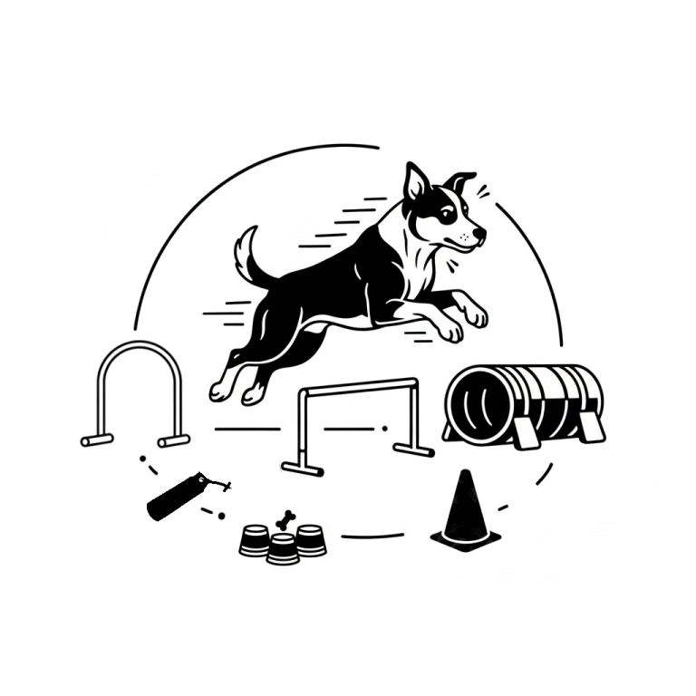 Icon Beschäftigung mit Hund Ein springender Hund ist umringt von verschiedenen Trainingsgeräten wie Hürde, Tunnel, Pylonen, Hütchenspiel, Dummy, Hoopers Agility Bogen